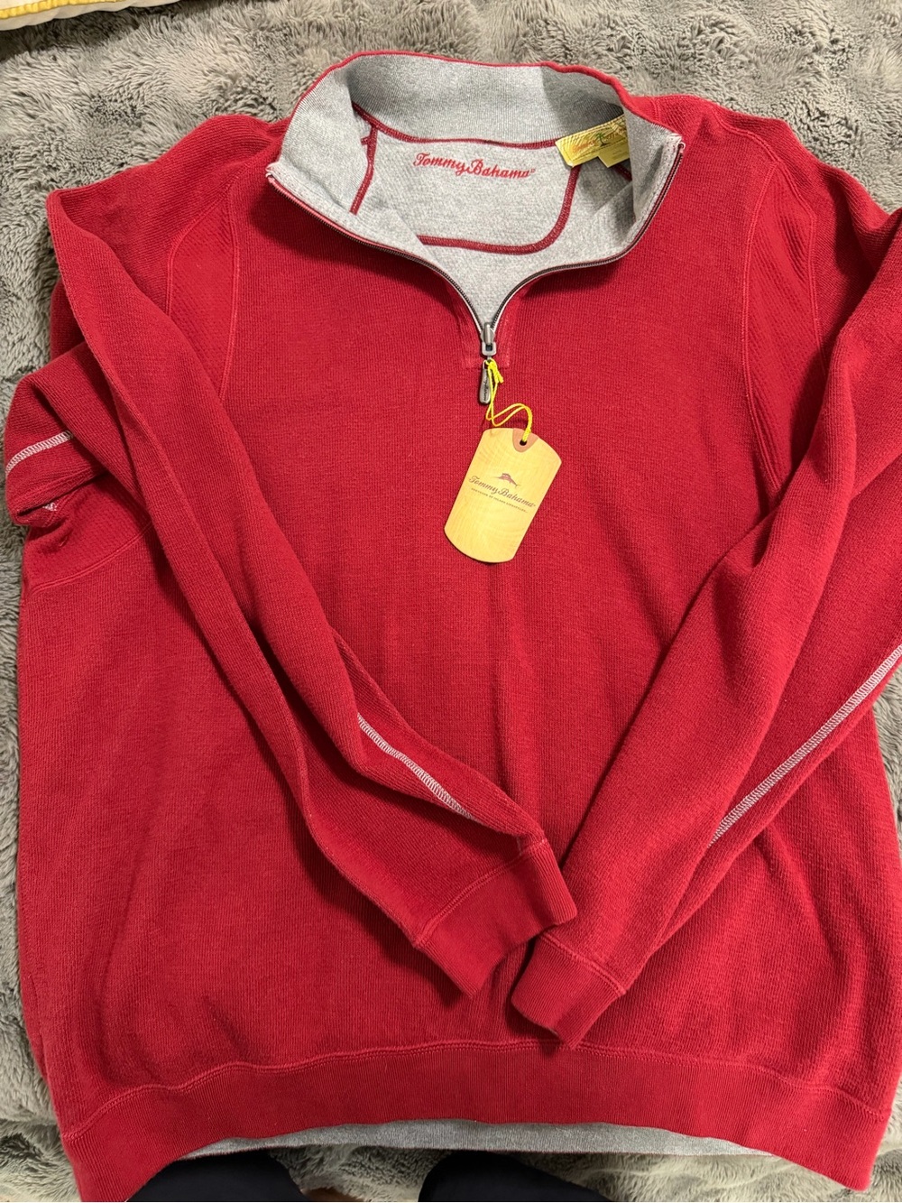 Tommy Bahama Red Men’s Half-Zip Sweater with Gray Contrast Collar - Picture 2 of 6